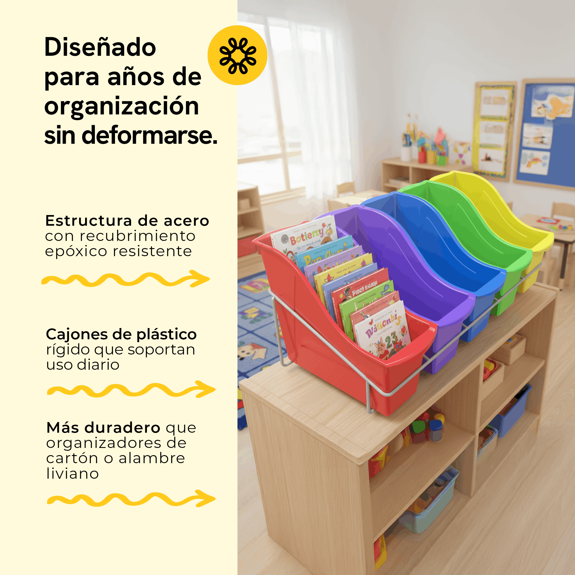 Metal rack with 5 drawers for books and magazines, assorted colors