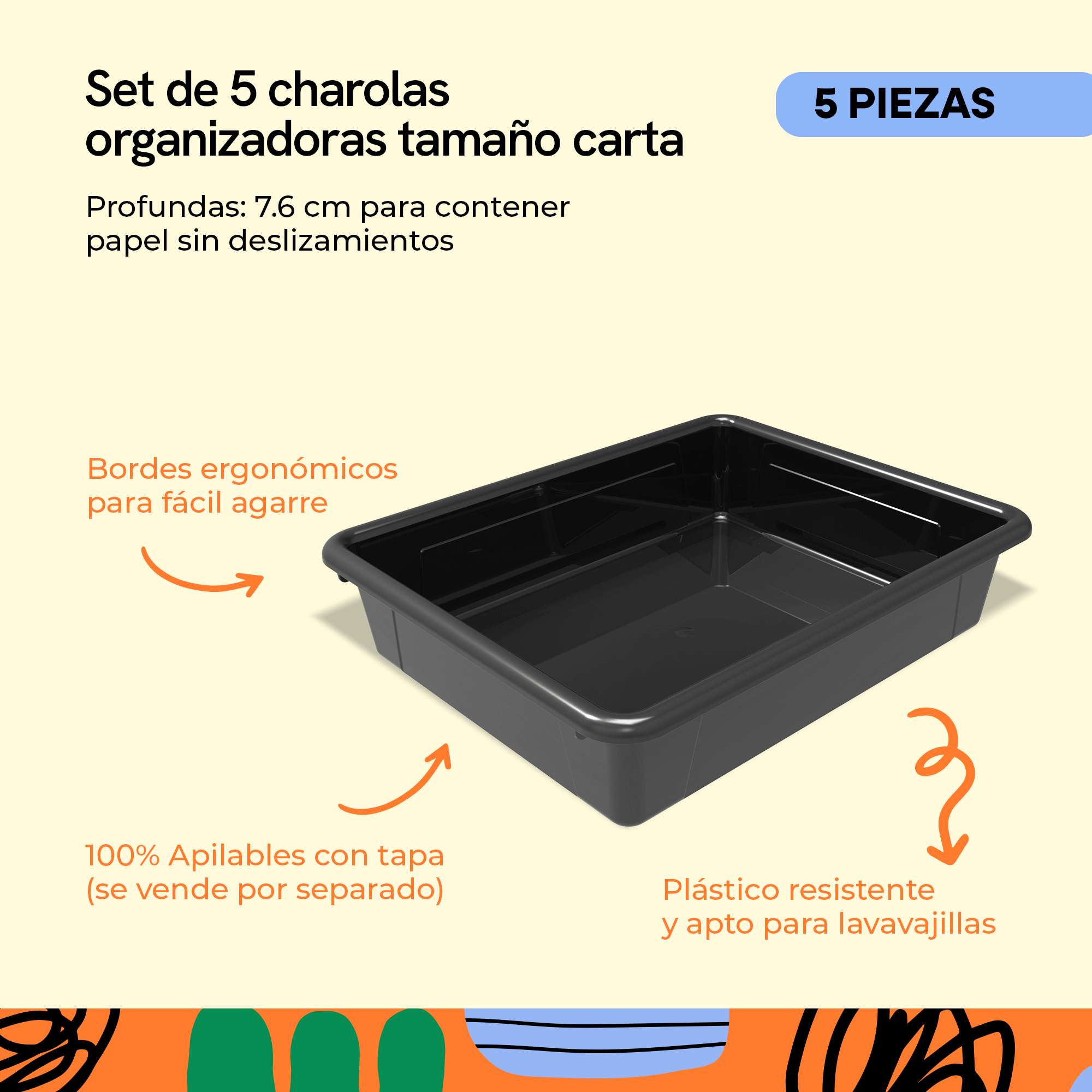 Organizer tray 33.3×27.0×7.6 cm, black, 5-piece pack