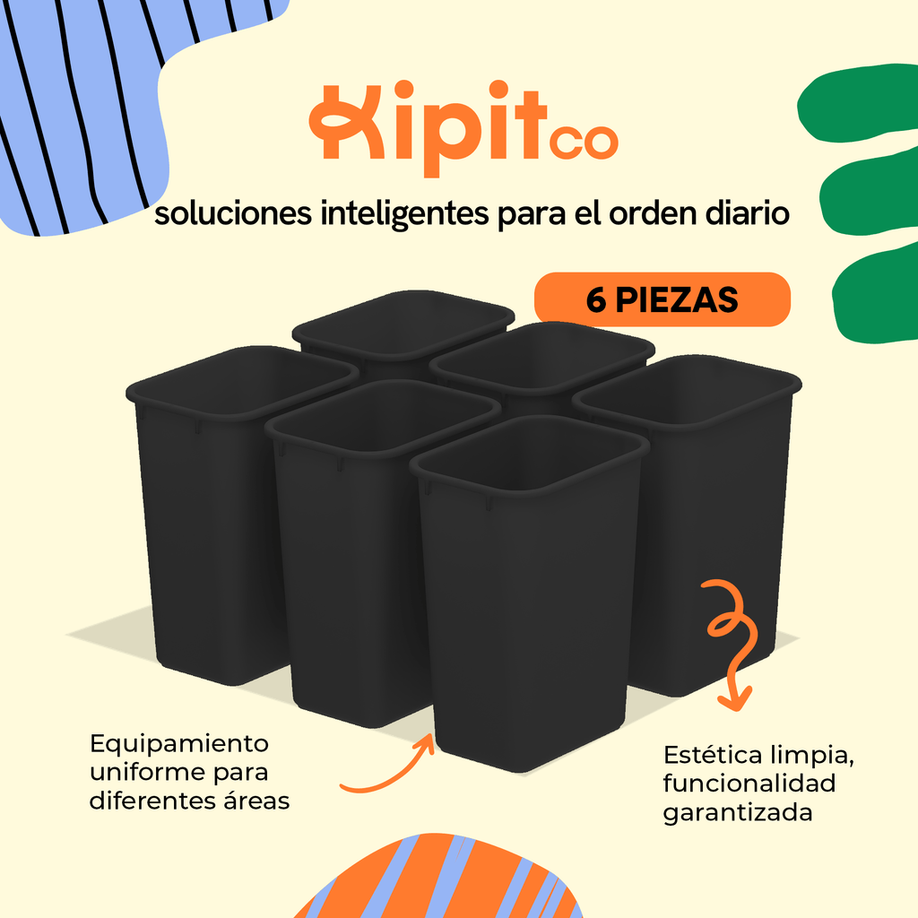 Cesto de basura mediano para interior, color negro, paquete con 6 piezas