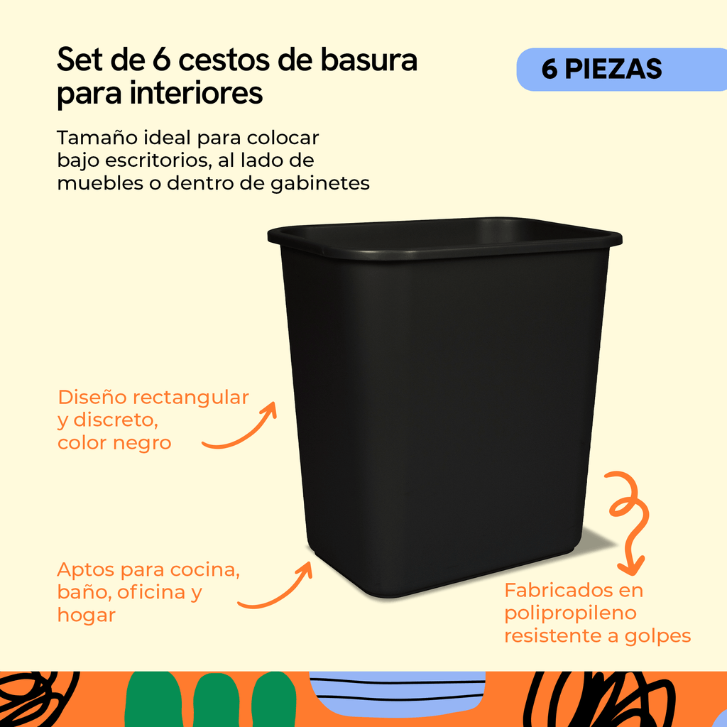 Cesto de basura mediano para interior, color negro, paquete con 6 piezas