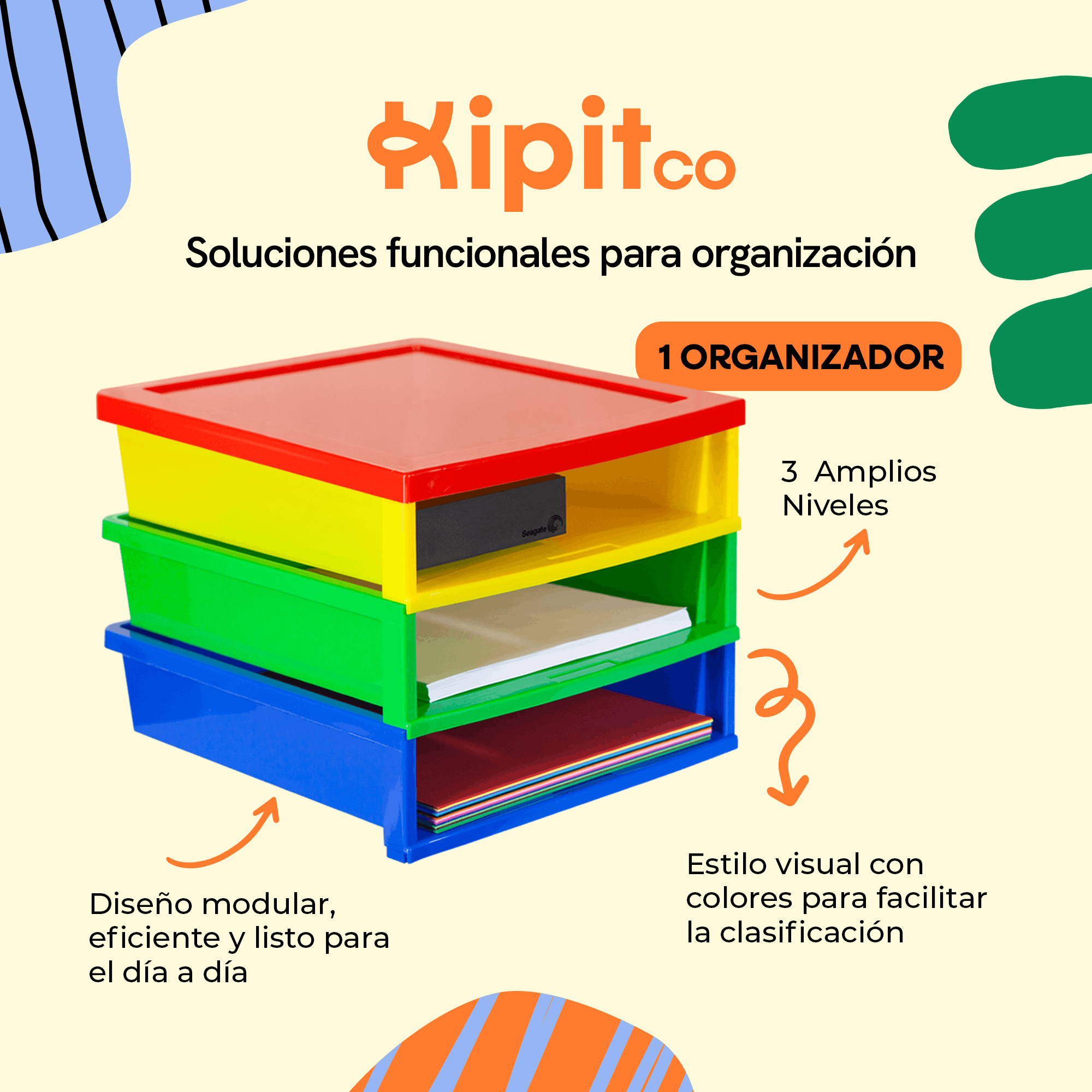 3-Compartment Paper Organizer, Multicolor, Quick Tool-Free Assembly