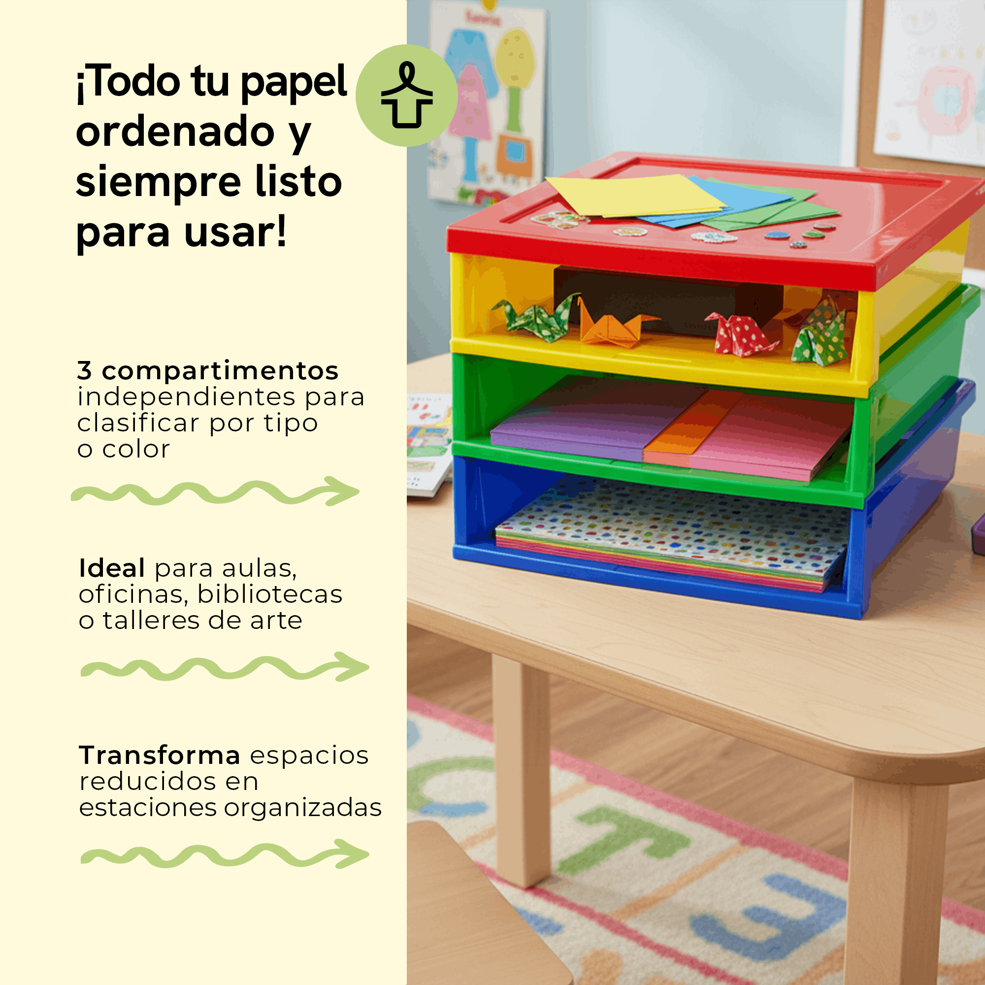 3-Compartment Paper Organizer, Multicolor, Quick Tool-Free Assembly