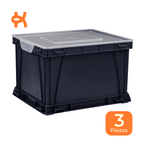 Stackable storage box with clear lid, black, 3 pieces