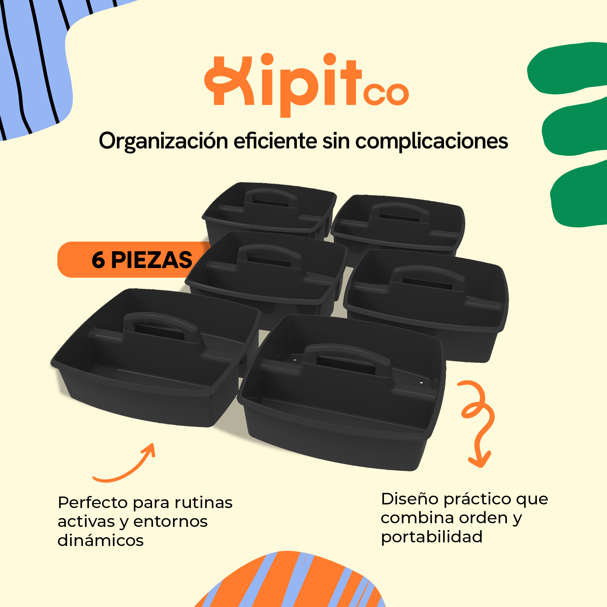 Large Portable Organizer with Compartment and Handle, Black, 6-Piece Pack