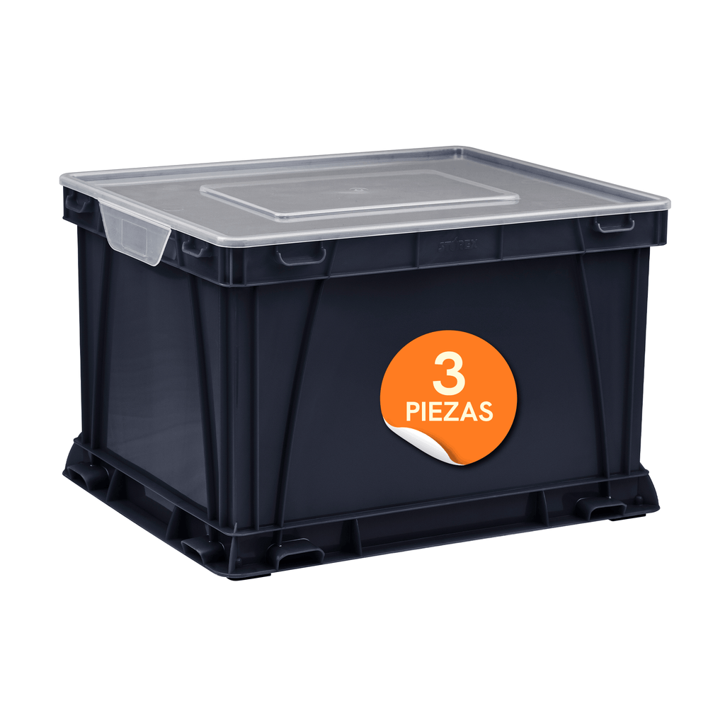 Stackable storage box with clear lid, black, 3 pieces