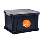 Stackable storage box with clear lid, black, 3 pieces
