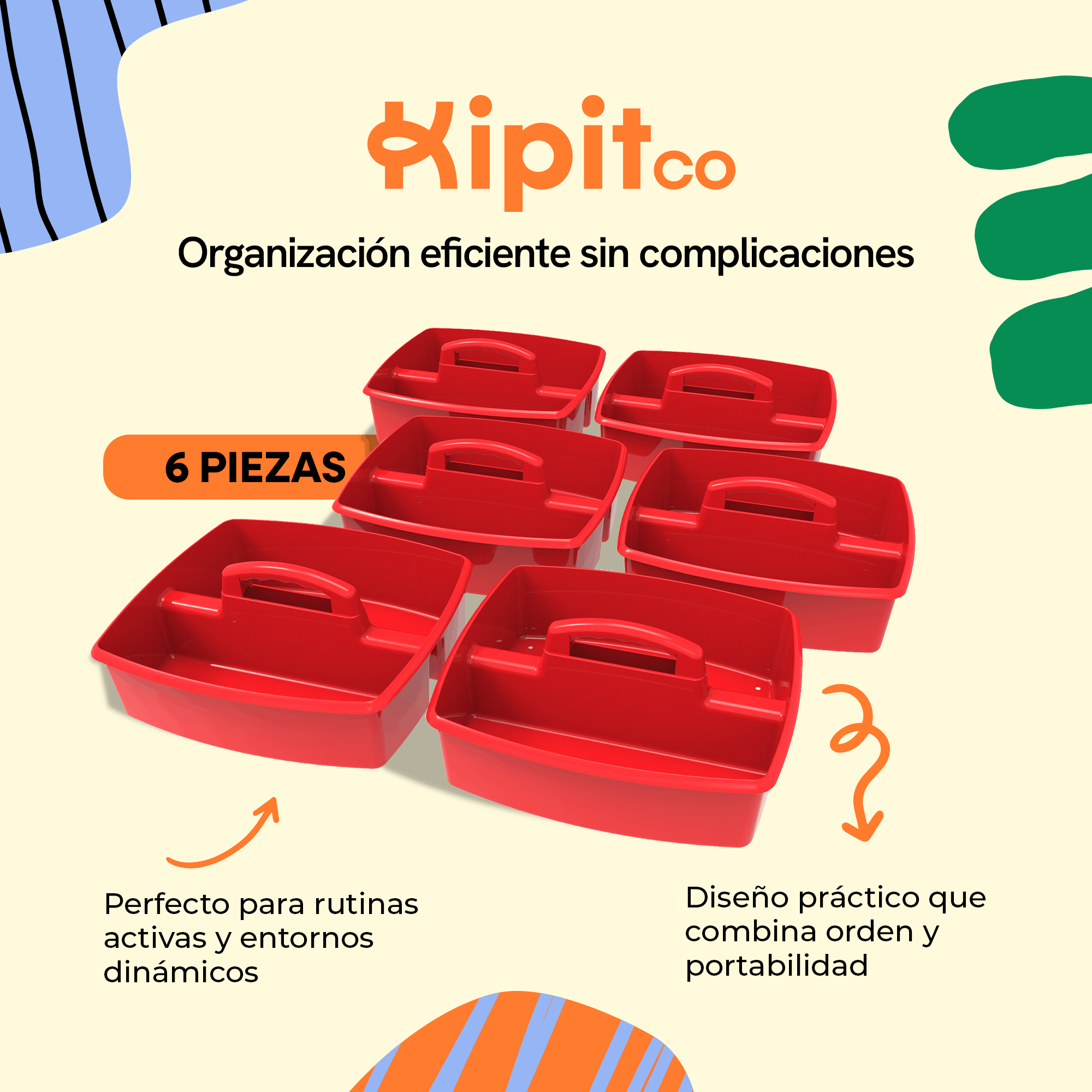 Large Portable Organizer with Compartment and Handle, Red, 6-Pack