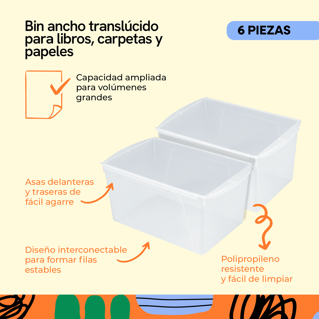 Wide bins for books and folders, translucent, 6-piece pack
