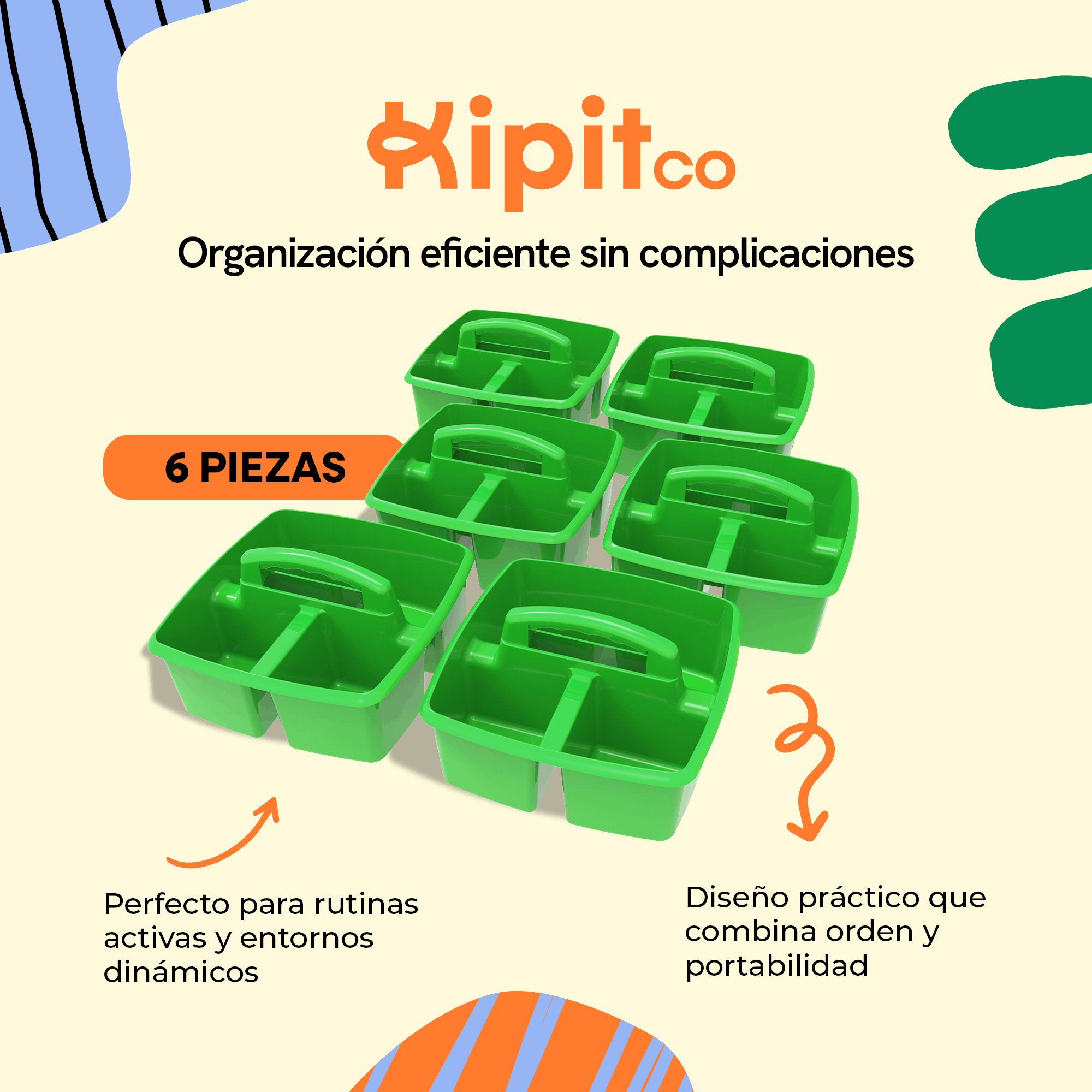 Small portable organizer with compartments and handle, green, 6-pack