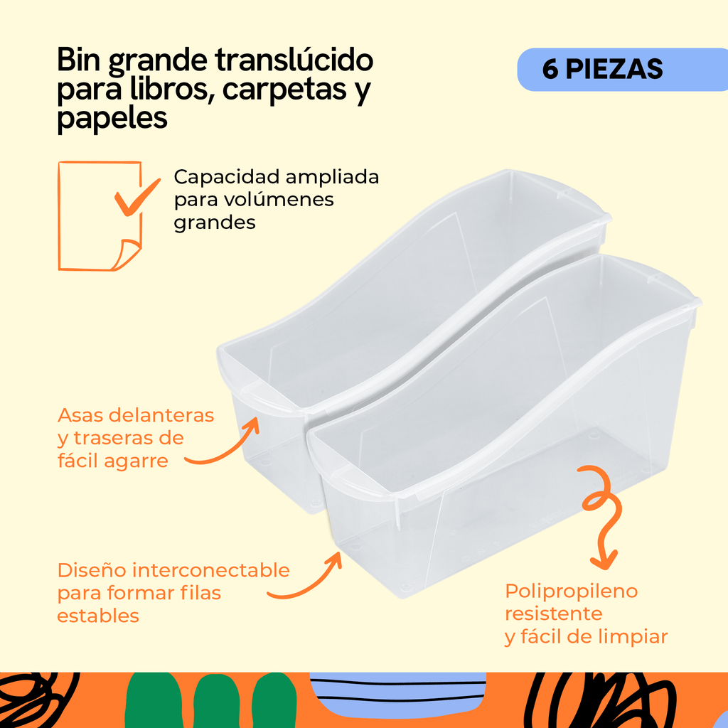 Large translucent book bins, 6-pack