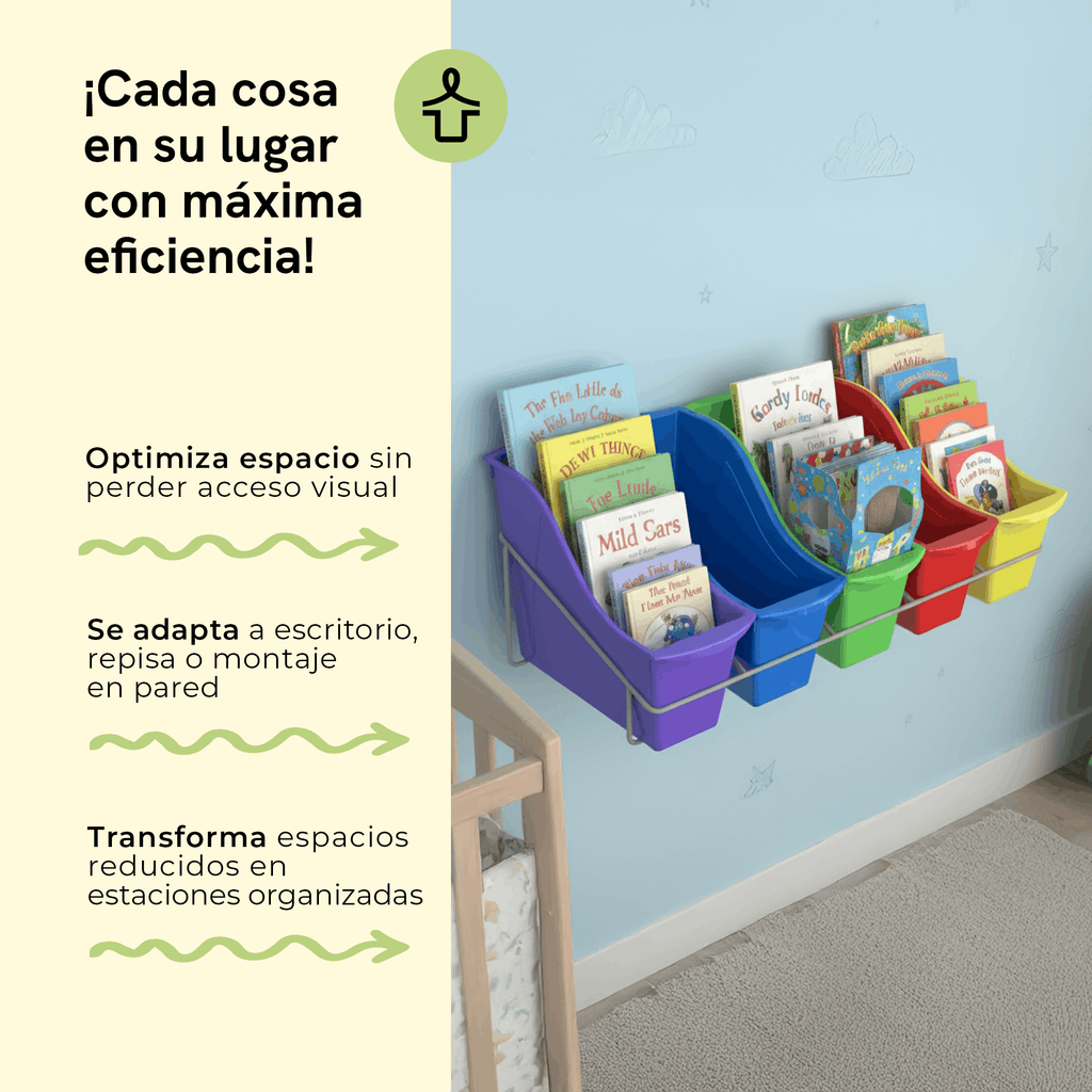 Metal rack with 5 drawers for books and magazines, assorted colors